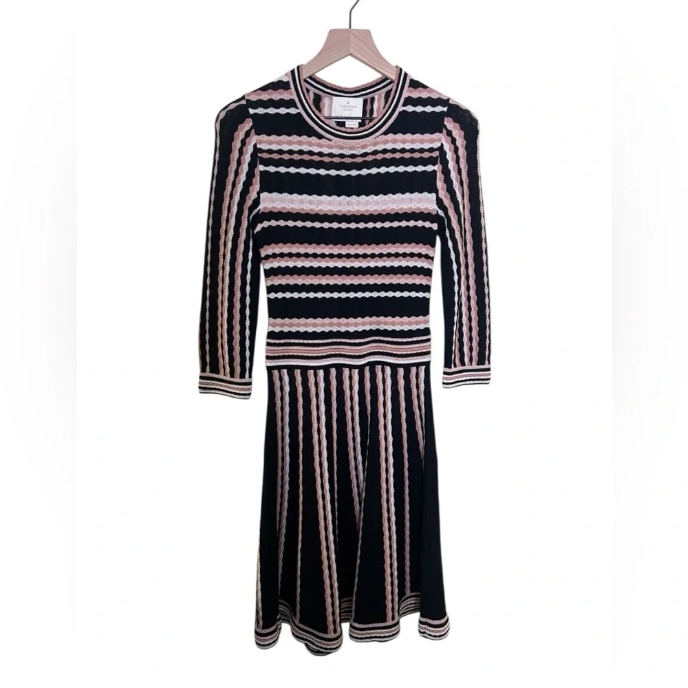 Kate Spade Scallop Stripe Knit Sweater‎ Dress Blush Black Cream Fit & Flare Sz S